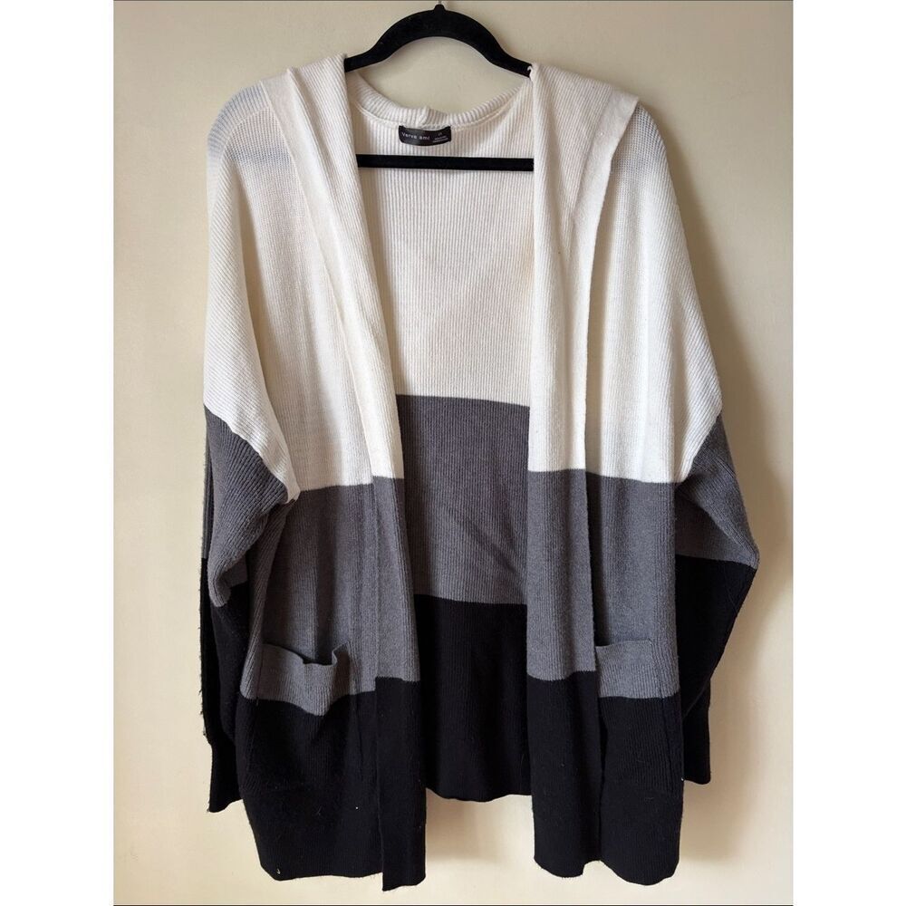 Colorblock Hooded Open Cardigan Sweater - White, Gray & Black